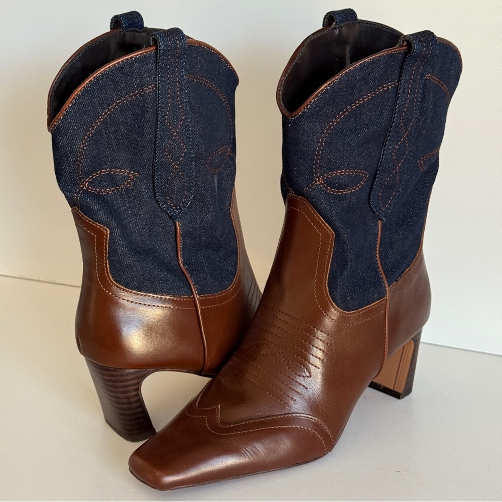 Steve Madden Josefine Western Ankle Boots Brown & Blue Denim Size 8M - Picture 6 of 12